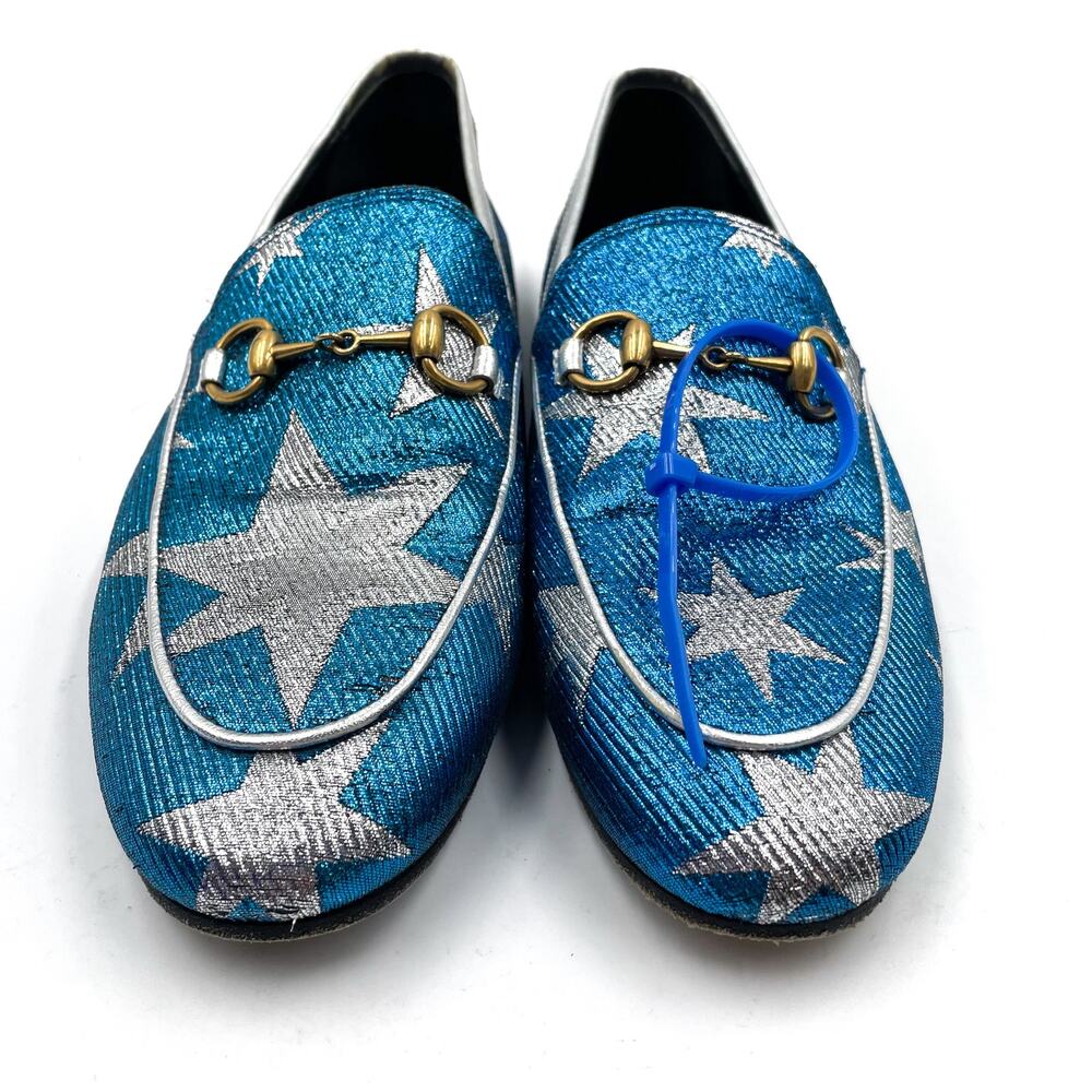 Gucci Jordaan Starry Sky Loafers Blue Metallic Silver Horsebit Leather Sz 37 / 7 - Picture 4 of 12